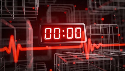 Glowing Red Digital Clock Showing 00:00 with Heartbeat Pulse Line. Futuristic Sci-Fi Countdown Timer to Zero. 3D Concept of Deadline, Midnight, System Reset and Time Running Out Background
