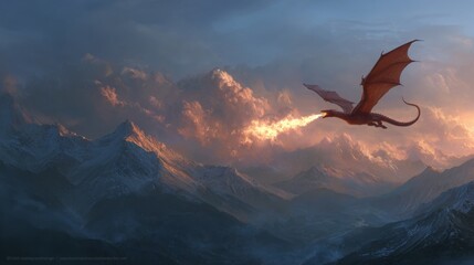 Majestic dragon soaring over snowy mountains at sunset