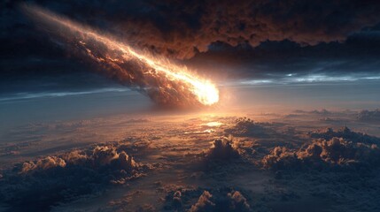 Dramatic comet streaking through cloudy sky with intense fiery trail