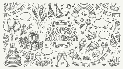 Birthday Celebration Doodle Vector &ndash; Black-and-White Festive Icons with Cake, Balloons, Gifts, and Party Elements for Cards, Invitations, and Decoration Use