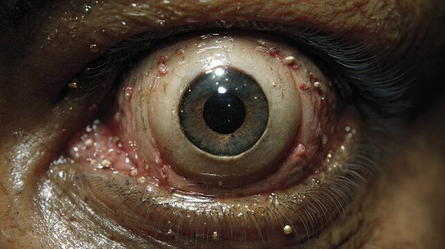 Mutant diseased zombie, eye bloodshot w/ broken vessels; iris pale brown & slightly cloudy. Skin tissue is irritated, pink & inflamed, with traces of dried blood & clear secretion 