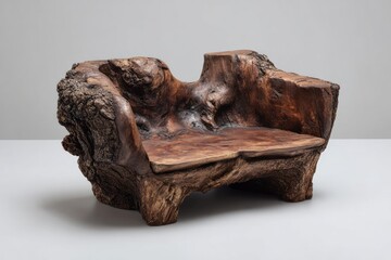 Unique wooden chair sculpted from natural wood forms and textures.