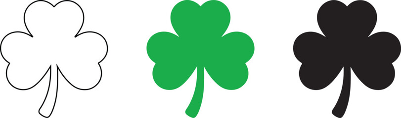 A trio of shamrock designs featuring outline, vibrant green, and sleek black options for versatile use