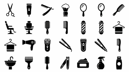 Obraz premium Barber & Salon Tool Icon Set – 40 Black Silhouettes Featuring Scissors, Clippers, Chairs, Razors, and Bottles for Hairdressing Design and Branding Use