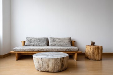 Natural wood and stone furniture arranged in a minimalist room.