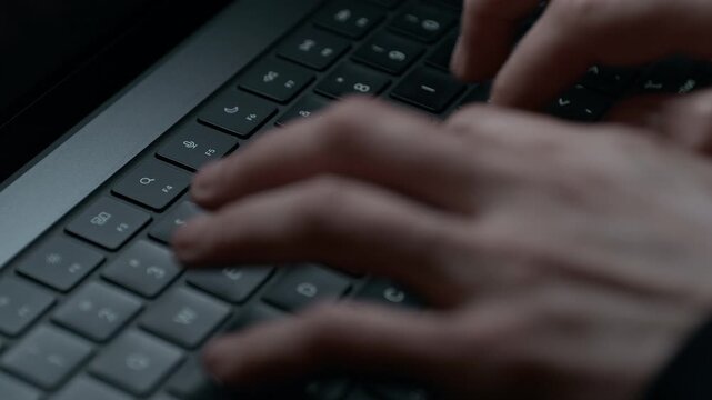 Fingers Tapping on the Alphanumeric Keys of a Laptop Keyboard - Letters and Numbers Are Sharply in Focus, with the Hands Appearing Blurred