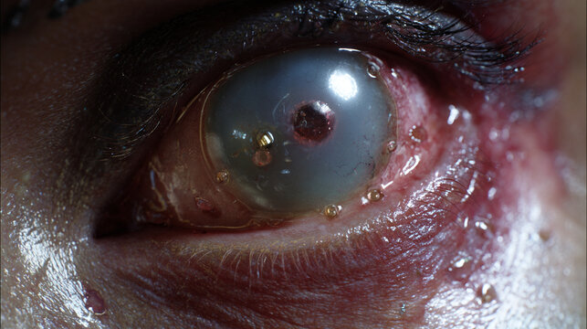 Mutant diseased zombie, eye bloodshot w/ broken vessels; iris pale brown & slightly cloudy. Skin tissue is irritated, pink & inflamed, with traces of dried blood & clear secretion 