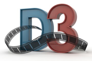 Large 3D rendered letters "D" and "3" with a winding film strip creatively wrapping around them.
