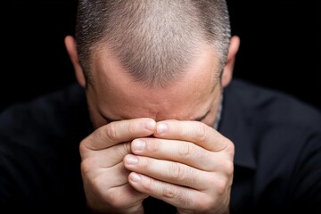 Fototapeta premium Man shows emotion while covering face with hands