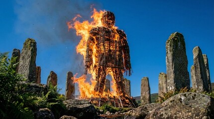 Burning wicker man effigy
