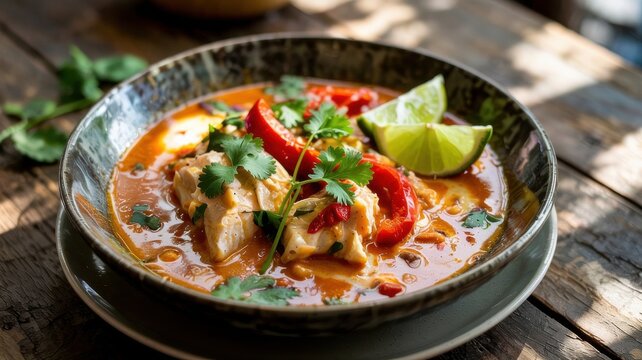 Brazilian fish soup "Moqueca". The dish is a fragrant stewed fillet of white fish in a rich reddish broth based on coconut milk with spices.
