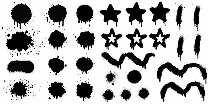 Collection of black spray paint splatters stars and wavy line shapes