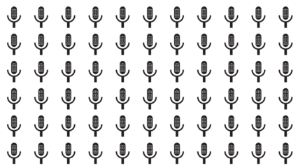 Repetitive pattern of black microphone icons with perforated heads on a white background, symbolizing sound, recording, and communication.