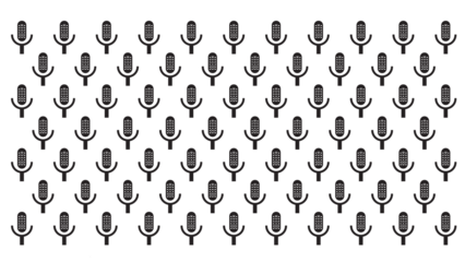 Dense pattern of black microphone icons on a white background, perfect for designs related to audio, music, broadcasting, and voice.