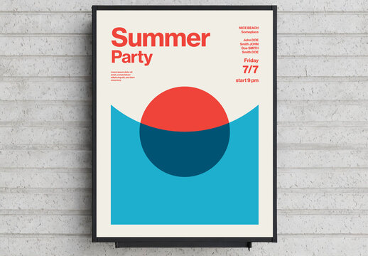 Summer Party Poster Template with Curved Ocean Sunset