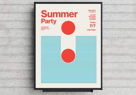 Retro Summer Party Poster Template with Abstract Stripes Ocean Waves Sunset