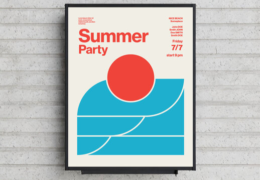 Retro Summer Party Poster Template with Abstract Sunset Ocean Waves