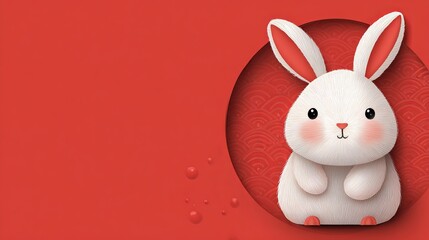Obraz premium A cute white bunny sitting on a red background with a circular design