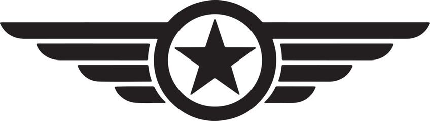 Fototapeta premium Black and white aviation badge with star and wings symbol also transparent background
