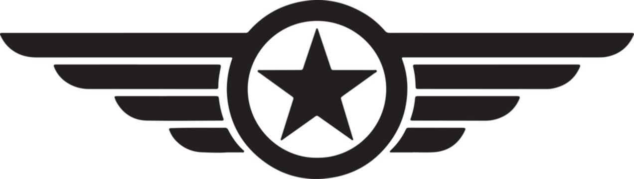 Black and white aviation badge with star and wings symbol also transparent background