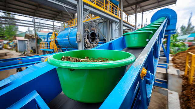 Wide angle recycling plant conveyor, belt transports garbage, drum filter rotating, cylindrical sieve trommel, waste processing display, industrial facility moment, with copy space