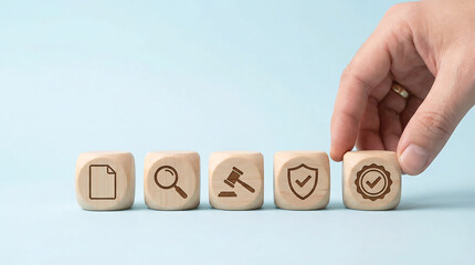 compliance audit and risk assessment with wooden cubes showing document search gavel shield and certification badge icons hand placing block on pale blue background