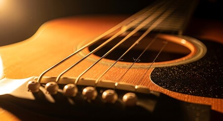 Fototapeta premium Close-up of an acoustic guitar's bridge and strings, illuminated by warm, soft light, highlighting the instrument's detail and texture, perfect for music lovers and artists