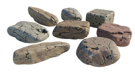 Collection of dry cracked rocks in various shapes and sizes