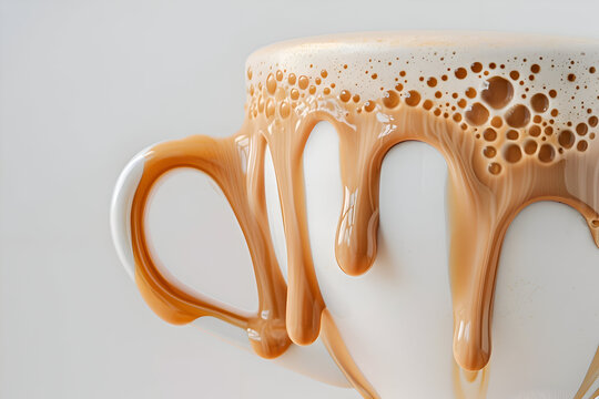 Creamy frothy coffee overflowing from white cup