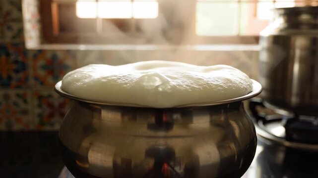 Traditional stainless steel pot boiling fresh cow milk in a rustic kitchen setting with natural sunlight streaming through the windows