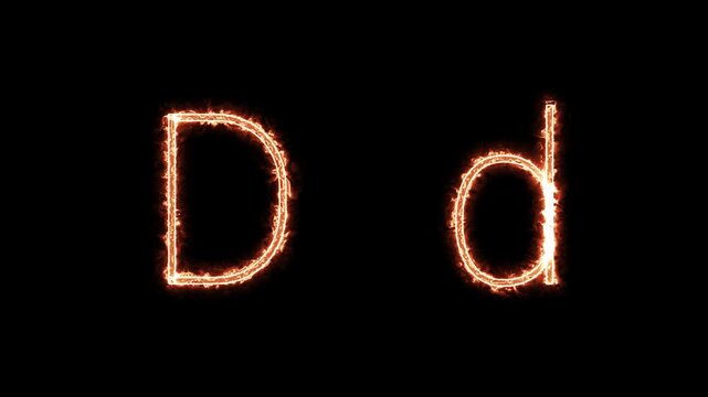 Fiery glowing capital and lowercase letter D animation on black background, burning alphabet typography effect for dramatic titles, intros, and logo design.