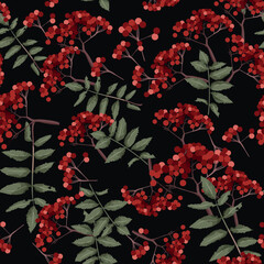 Seamless Rowan Berry Black Pattern with Red Berries and Green Leaves Botanical Autumn Nature Background Vector Illustration for Textile Fabric Wallpaper Wrapping Paper Surface Design