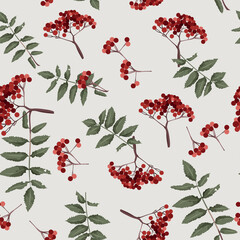 Seamless Rowan Berry Pattern with Red Berries and Green Leaves Botanical Autumn Nature Background Vector Illustration for Textile Fabric Wallpaper Wrapping Paper Surface Design