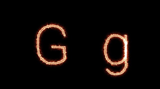 Fiery glowing capital and lowercase letter G animation on black background, burning alphabet typography effect for dramatic titles, intros, and logo design.