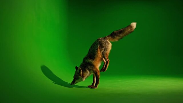 Curious red fox captured mid-sniffing, exploring the vibrant green environment of a studio