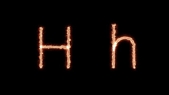 Fiery glowing capital and lowercase letter H animation on black background, burning alphabet typography effect for dramatic titles, intros, and logo design.