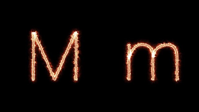 Fiery glowing capital and lowercase letter M animation on black background, burning alphabet typography effect for dramatic titles, intros, and logo design.