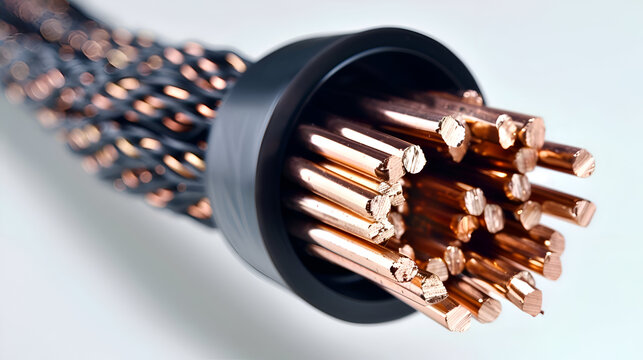 Close up of cut black electrical cable with exposed copper wires for technical or educational use