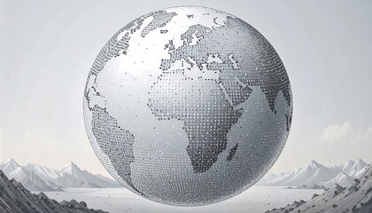 Pixelated Globe of Earth Floating Mysteriously Above a Barren Mountain Range