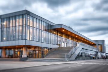 Obraz premium Modern office building with glass facade and exterior staircase under a cloudy sky.