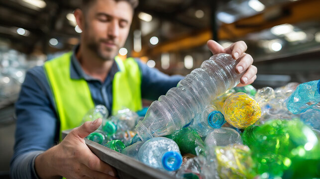 Man container holding recycled plastic, factory waste management, display industrial operations, moment materials processing, facility activity defocused, background , with copy sp