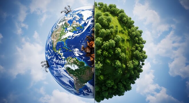 Depiction of planetary dichotomy showing environmental health and industrial impact contrasting against a blue sky backdrop
