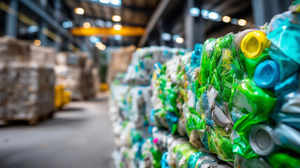 Closeup pile compressed plastic waste, recycling plant materials, processing display industrial, facility moment waste, management operations defocused, background , with copy spac