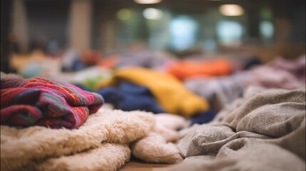 A refugee shelter on the floor filled with blankets illustrates the stark reality of displaced families, focusing on the assembly of makeshift living spaces that reflect both need and hope during