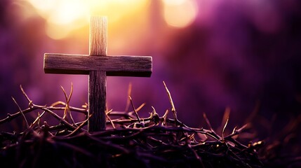 A wooden cross surrounded by thorns and illuminated by a warm light symbolizing sacrifice and redemption