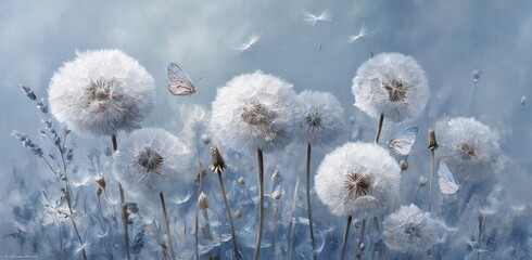 White dandelions and delicate butterflies drift on a soft blue background