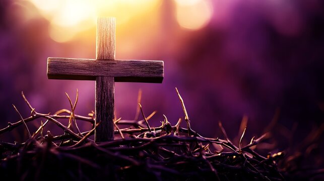 A wooden cross surrounded by thorns and illuminated by a warm light symbolizing sacrifice and redemption