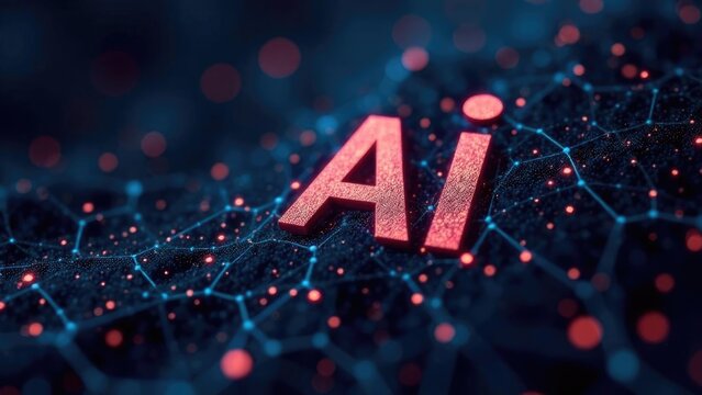 Glowing artificial intelligence signs surrounded by data flows and energy particles. Concept of technological revolution for scientific conferences and exhibitions - Powered by Adobe