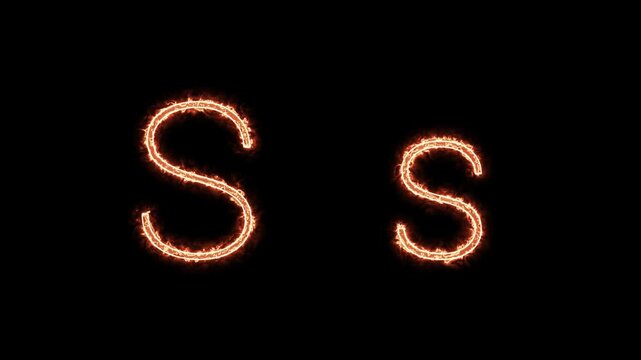 Fiery glowing capital and lowercase letter S animation on black background, burning alphabet typography effect for dramatic titles, intros, and logo design.