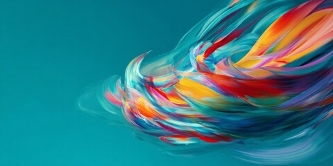 Colorful abstract paint strokes flow across a teal background.